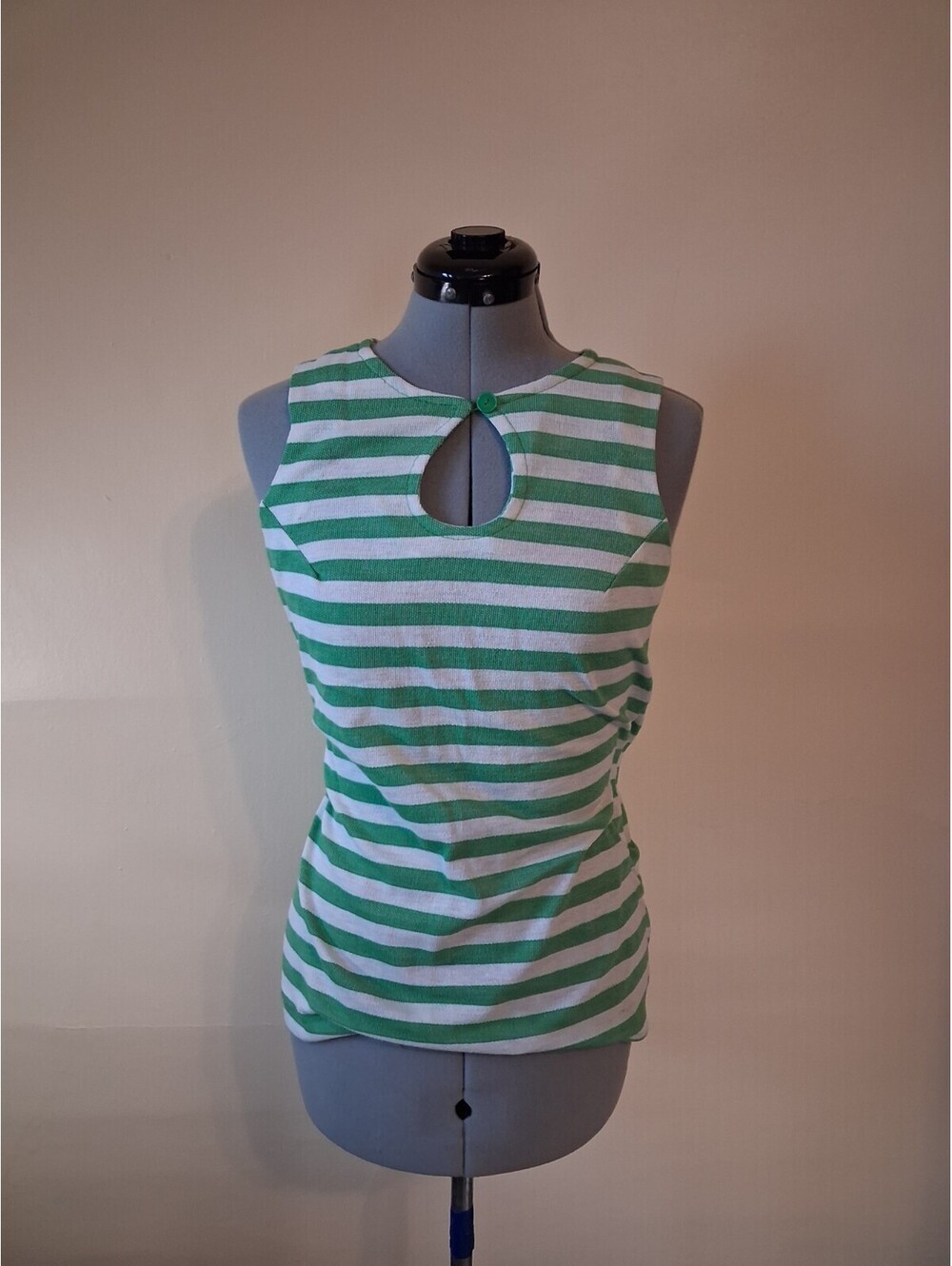 Vintage 60s 70s Tank Top Green Striped Keyhole Green Tank Sz S Long Stretchy